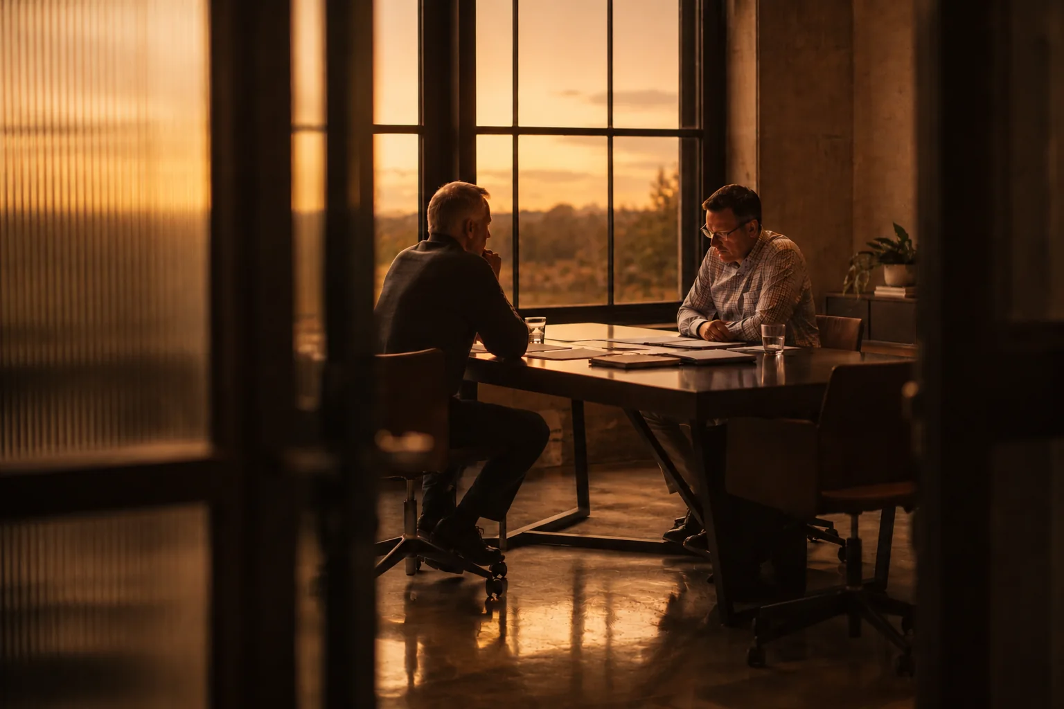 ENLIGN confidential business advisory meeting — two professionals discussing exit and transition strategy at sunset, shaping outcomes before closing day.