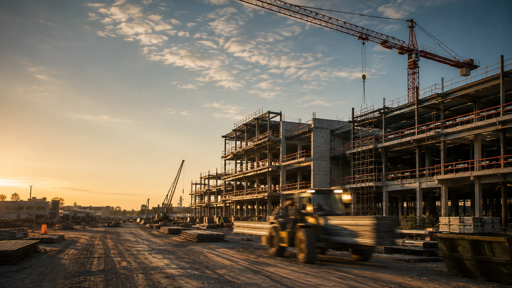 Construction site at golden hour with cranes and building frameworks under a dramatic sky