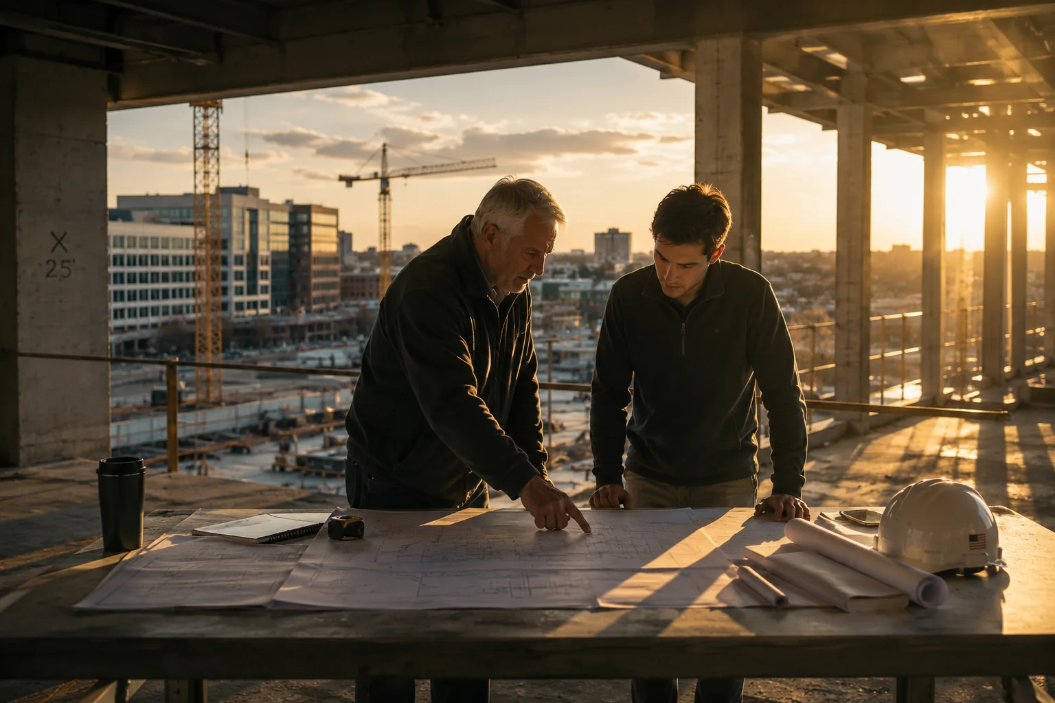 ENLIGN advisor and business owner discussing company value during a rooftop meeting overlooking a city at golden hour.