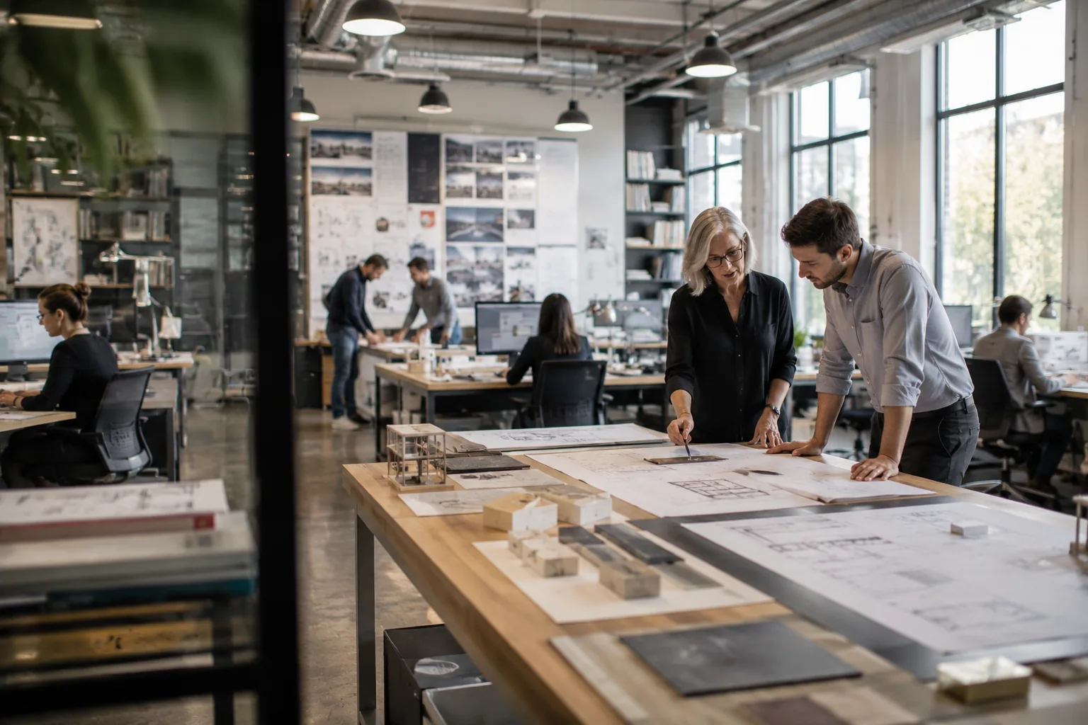 Two ENLIGN advisors reviewing blueprints and financial documents at a table in a modern office, representing expert business valuation and defensible financial recast analysis.