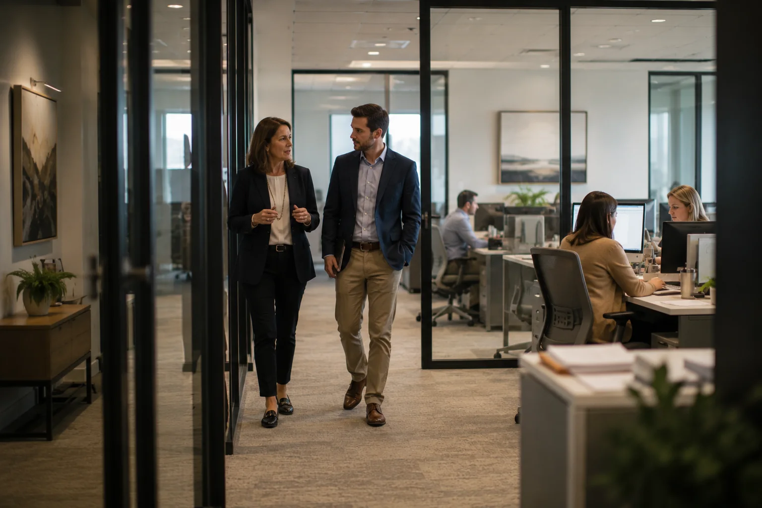 An ENLIGN advisor and business owner walking through a modern office, engaged in a discovery conversation.