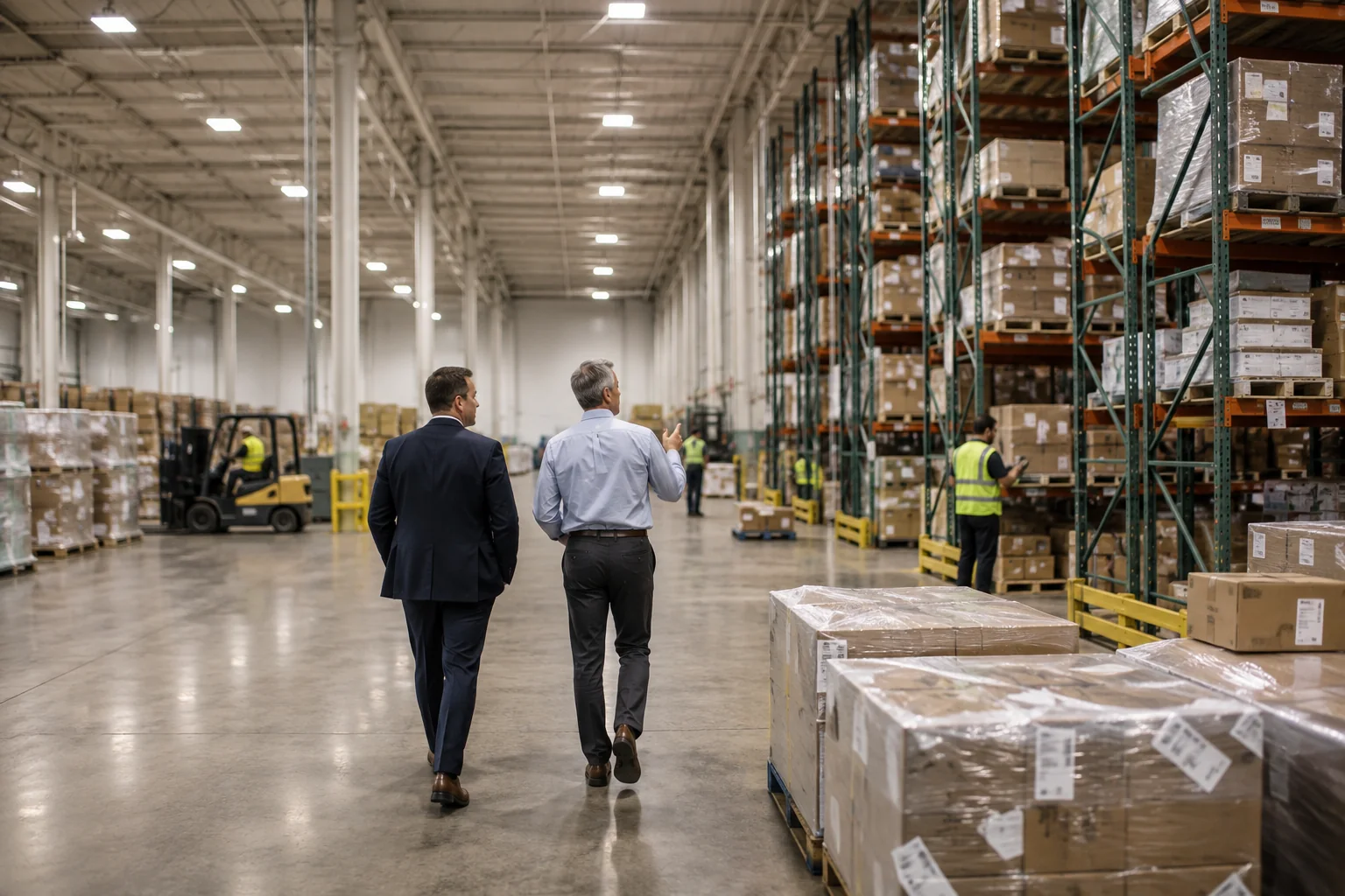 A business advisor and owner walking through a large distribution warehouse with stocked pallet racking and workers, discussing the company's operations and value.