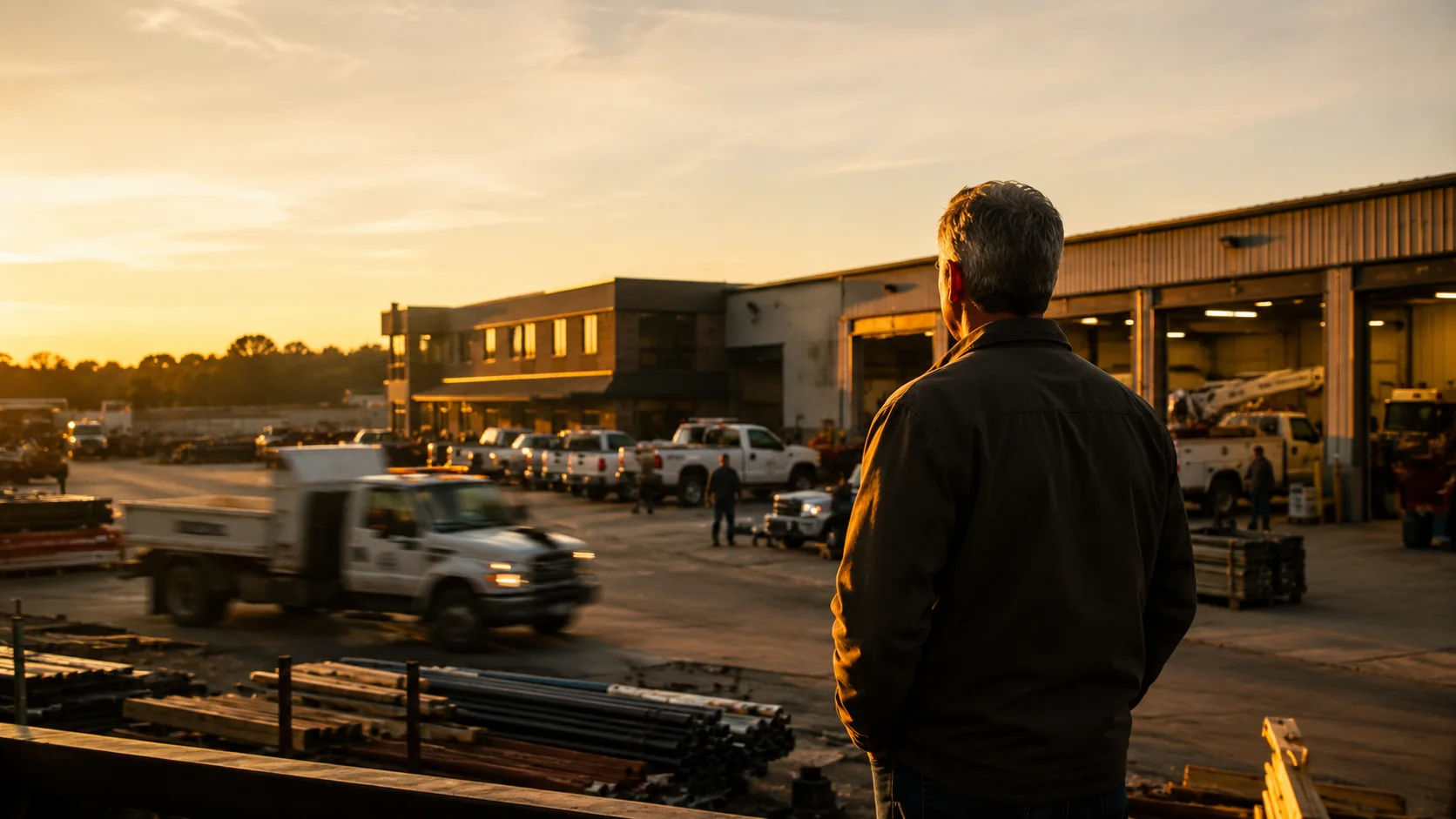 Man overlooking an industrial work yard with trucks and equipment at sunset — ENLIGN in the field