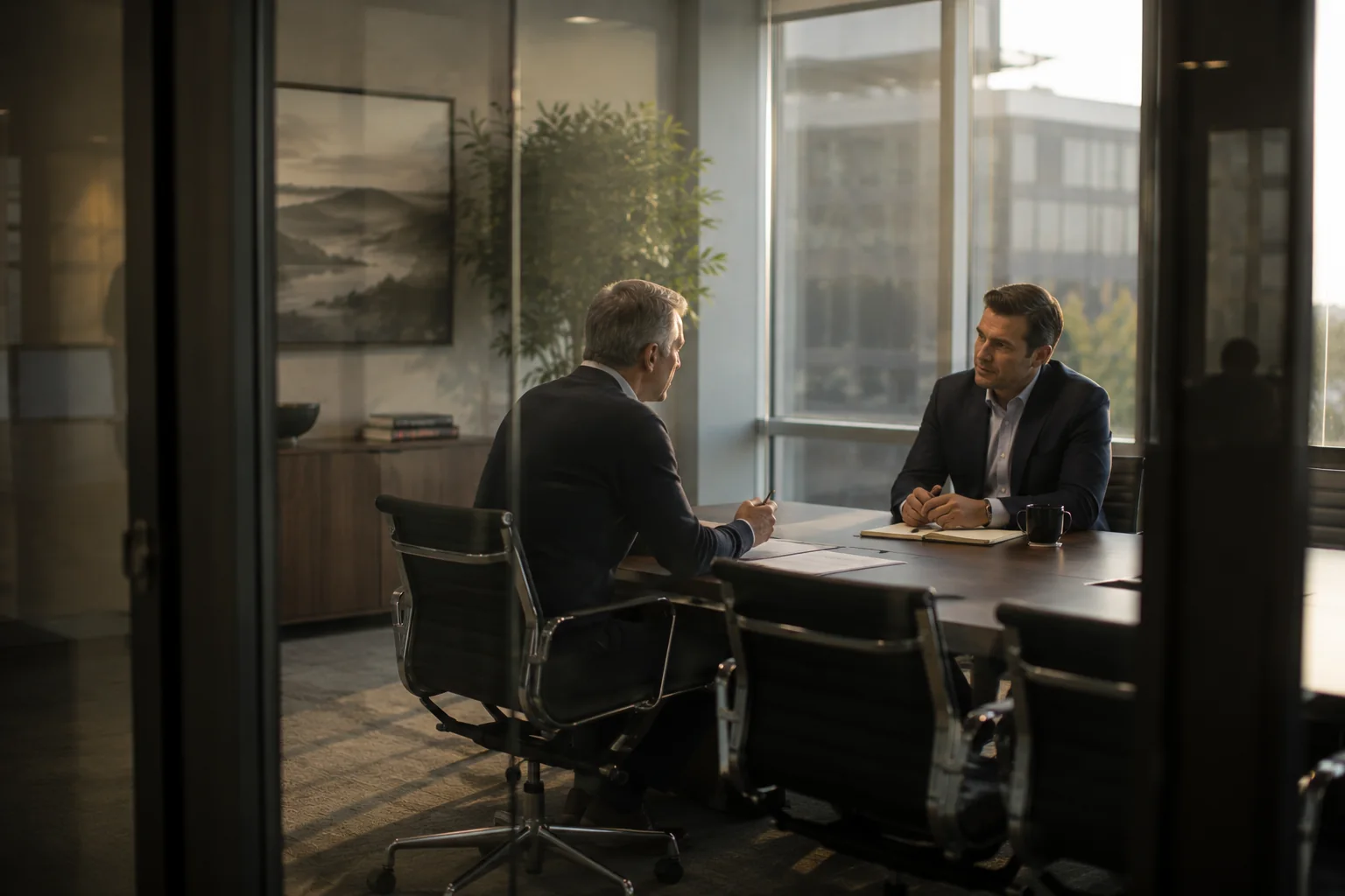 ENLIGN advisor preparing a business seller for a buyer meeting in a private office